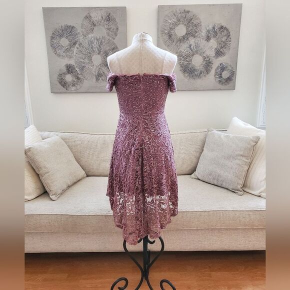 🌹 SEQUIN HEARTS 🌹 Off Shoulder Sequin Lace High Low Dress - [Size 11, Mauve] - Picture 7 of 13